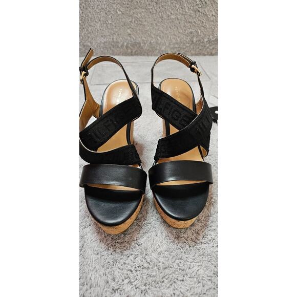 Tommy Hilfiger Sandals Womens 7.5M Keiko Black Subtle Logo‎ Strappy Woven Wedges - Picture 2 of 7
